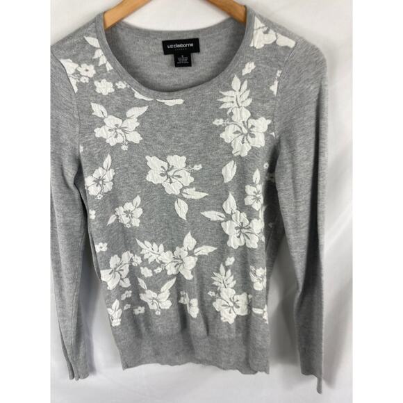 Liz Claiborne Career Floral Texture Grey Pullover Sweater Size Small - Picture 2 of 4